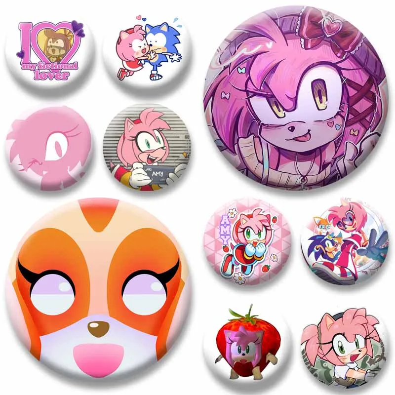 Cute Game Figure Amy Rose Round Snap-in Brooch Handmade Cartoon Lapel Pins Funny Badges Fan Collection Accessories Jewelry Gifts