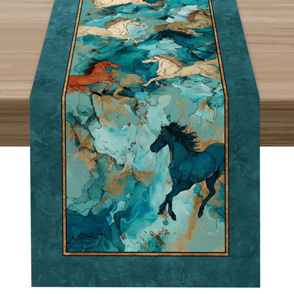 1 unidad de Camino de Mesa de Lujo con Diseño de Caballo, Lino Premium con Impresión 2D, Cubierta Decorativa para Mesa de Salón y Banquete, Caballo con Diseño de Mármol Verde Azulado y Dorado