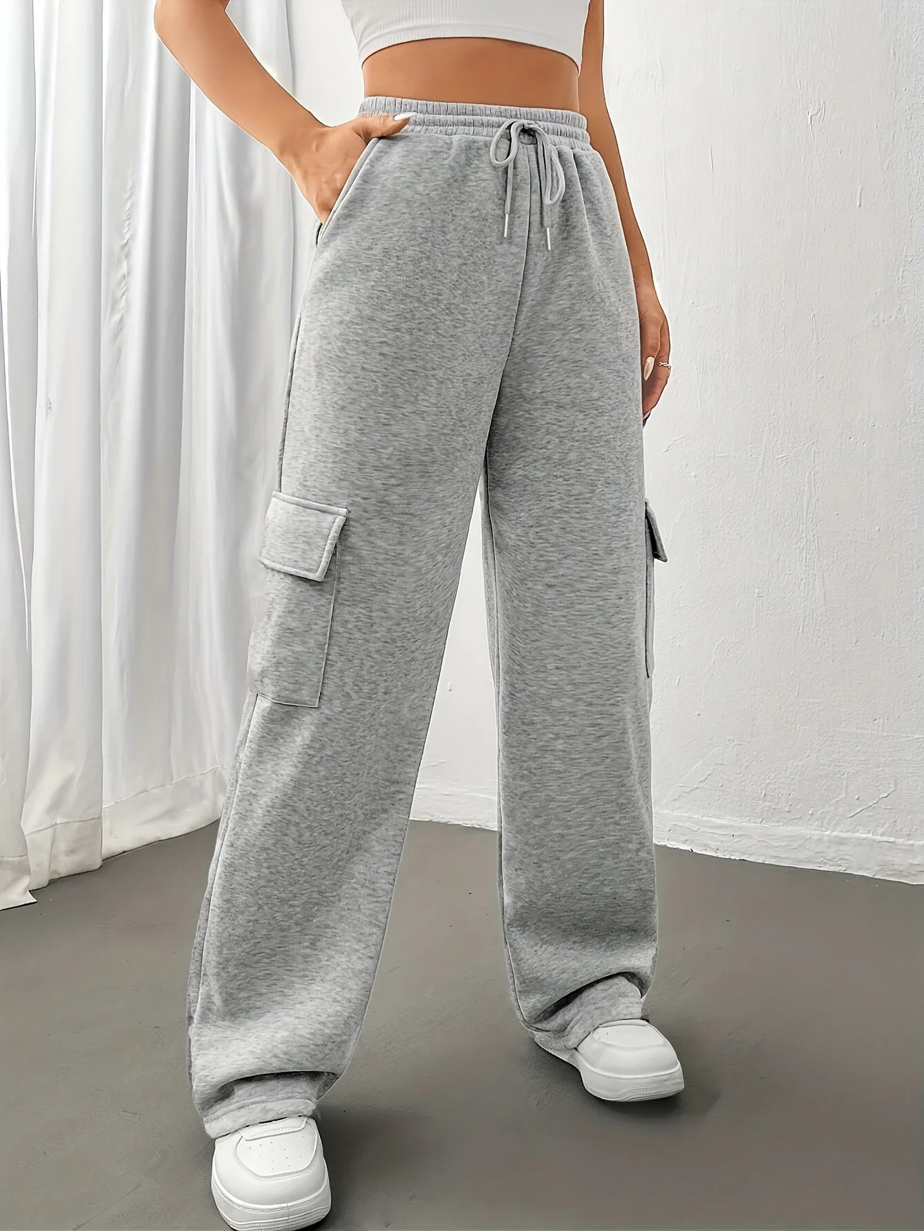 

Feminine Pants Oversized Elasticized Drawstring Pants Everyday Athleisure Workwear Pants Relaxed Cargo Pocketed Trousers