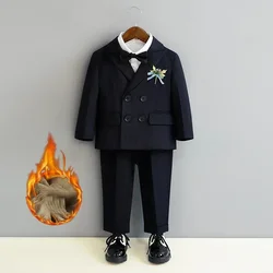Boys Winter Formal Suits 4 To 12 Y Fleece Warm Kids Clothes British Striped Wedding Party Tuxedo Child Piano Performance Costume