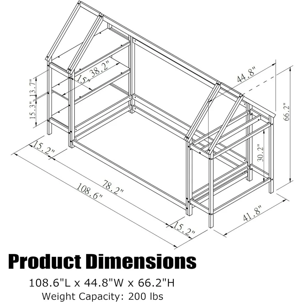 Twin Floor Bed for Kids, Wood House Floor Bed Frame with 2 Detachable Stands, Twin Size House Bed for Children Girls, Boys