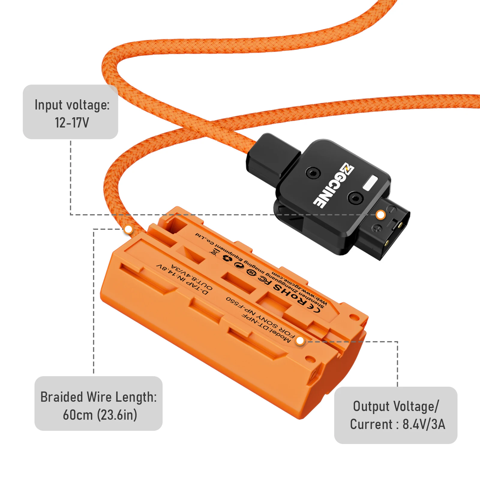 ZGCINE DT-NPF D-Tap to NPF Dummy Battery Braided Cable DC Coupler Accessory for Monitors/ LED Video Light/Transmitter Receiver