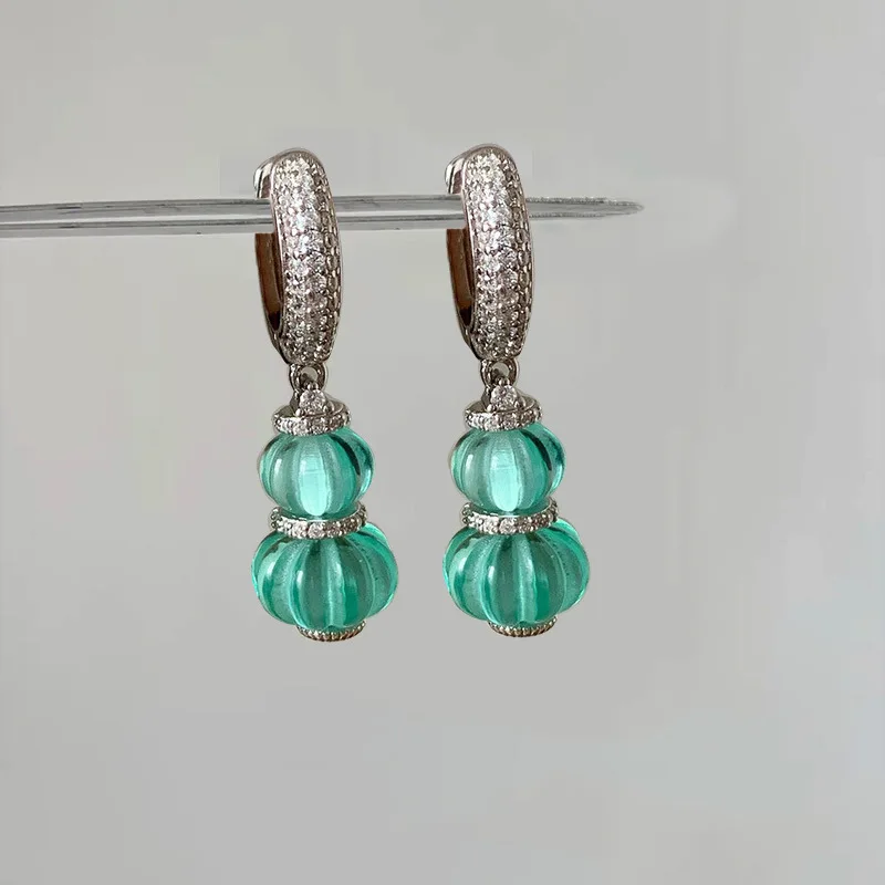 Green pumpkin earrings necklace set fashionable new Chinese small fresh diamond national style earrings women