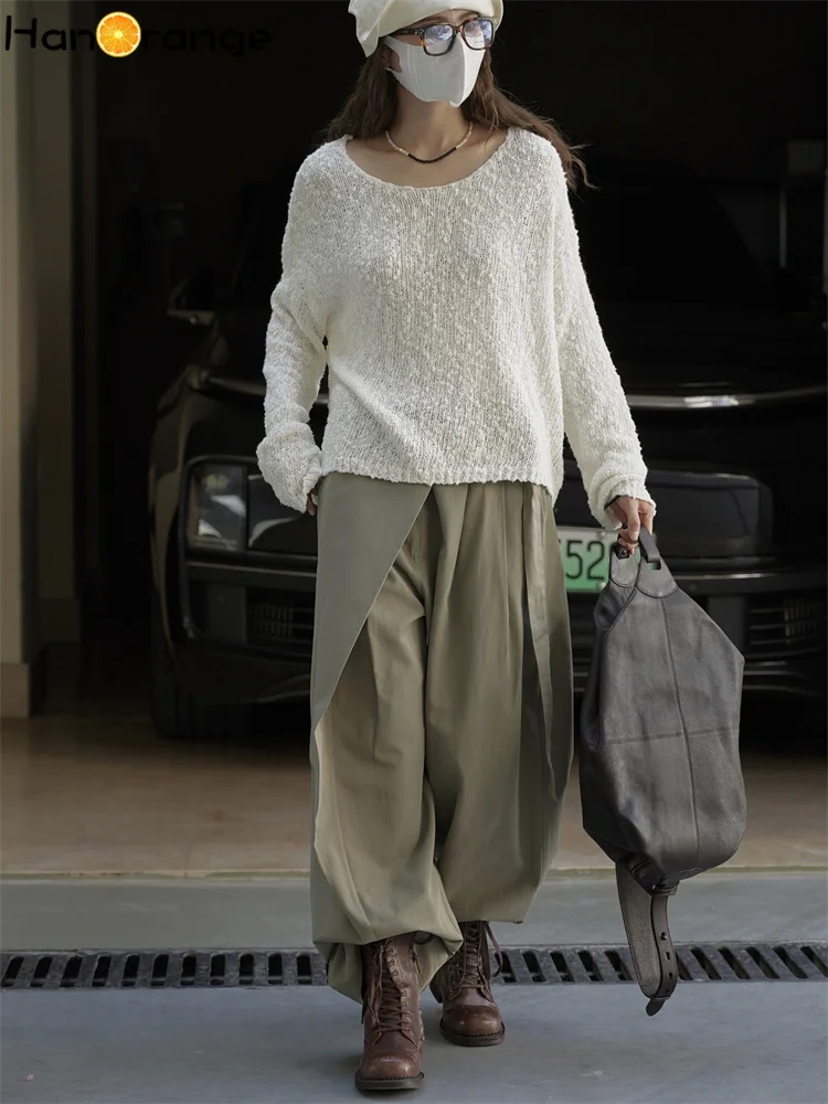HanOrange 2025 初秋怠惰なリラクゼーション粒子テクスチャセーター女性柔らかい肌に優しいニットトップホワイト/グレー