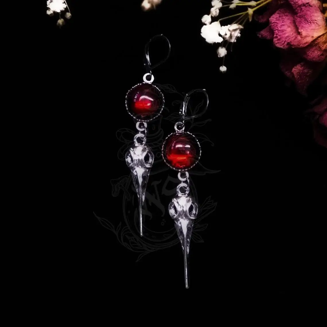 Krähe-Schädel-Ohrringe, Vampir, Gothic-Schmuck, Blut-Cameo, Retro, heidnisch, Hexerei-Accessoires, alternativ, Ohrhaken für Frauen und Mädchen