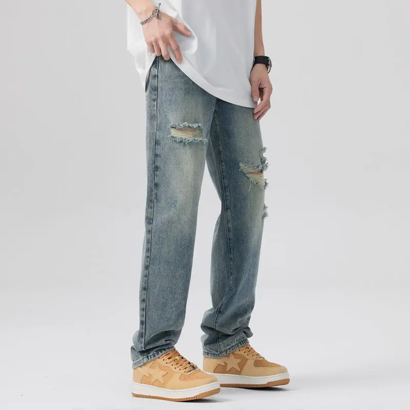 Ripped jeans men's straight tube summer loose straight pants American style washed high street men's light colored pants