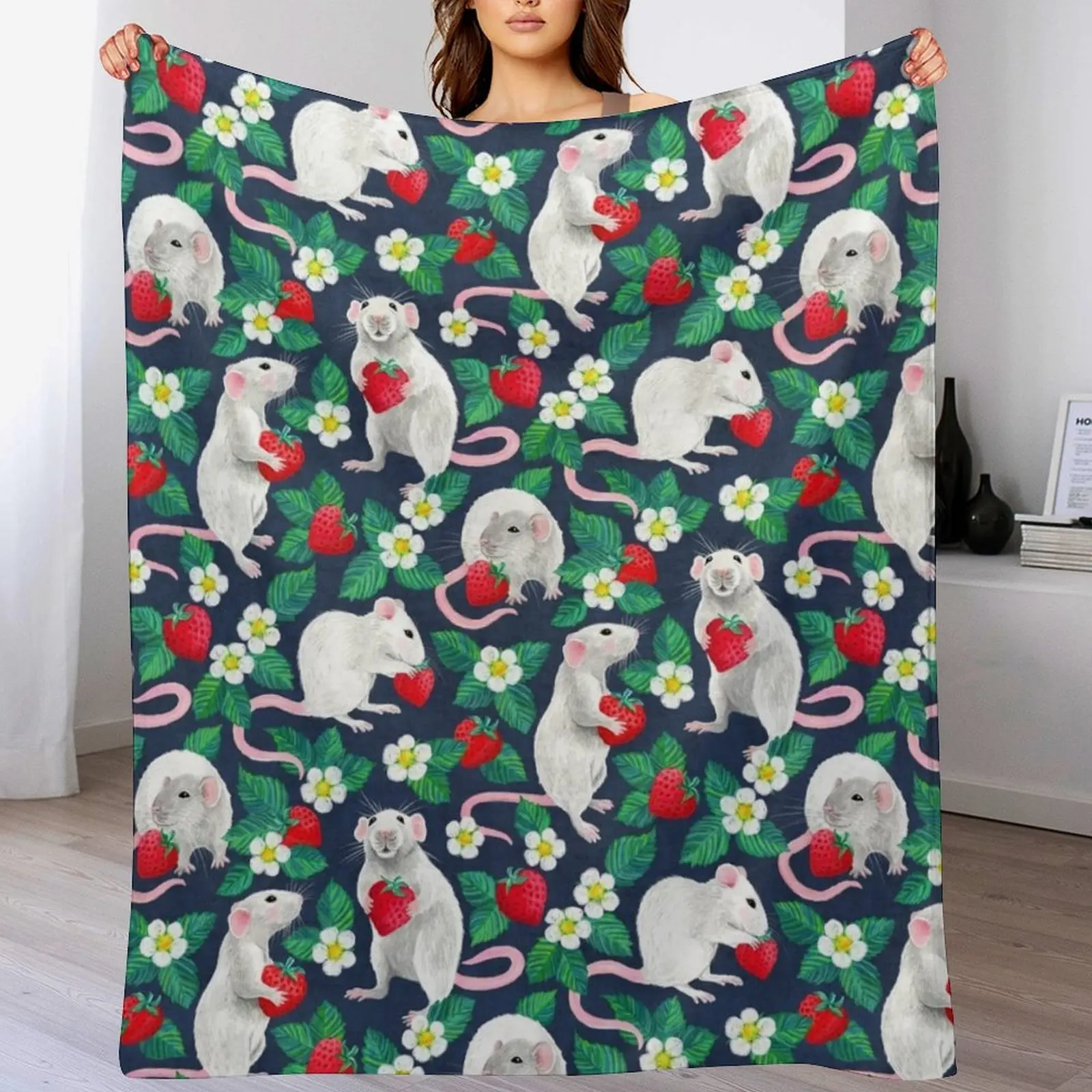 

Rats Love Strawberries on navy blue Throw Blanket Plush decorative Warm Designers Blankets