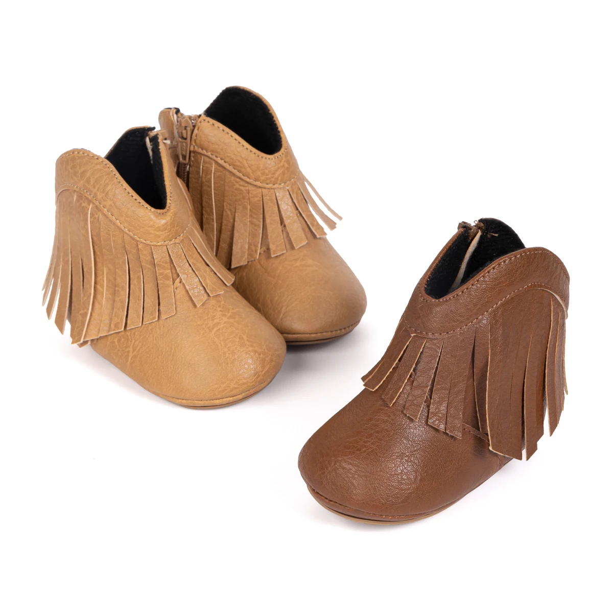 

KIDSUN Baby Girls Cowboy Tassel Boots Side Zipper Moccasins Soft Bottom Non-Slip Toddler Crib Shoes Newborn Leather Brown Color