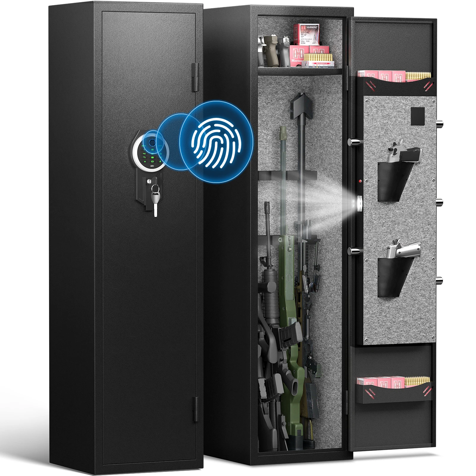 Biométrico Gun Safe com Luz LED, Armários de Arma de Acesso Rápido, Arma Ajustável Rack, Prateleira Removível, 5-6