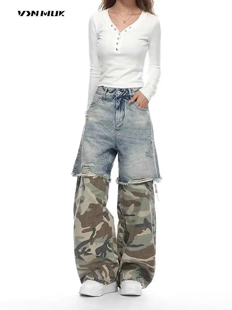 Mulheres retalhos baggy y2k jeans rasgados harajuku azul emendado jeans falso duas peças soltas calças retas hip-hop