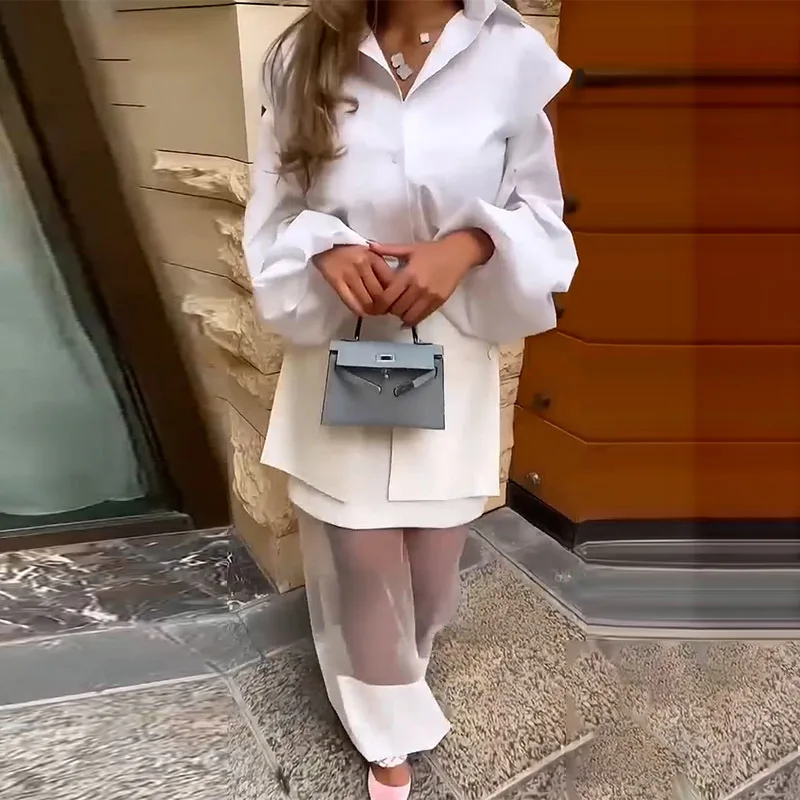 2 Piece Sets Women Shirt Wide Leg Pants Suit Pockets Turn Down Collar Single Breasted Top Trousers Ensemble Streetwear Outfits