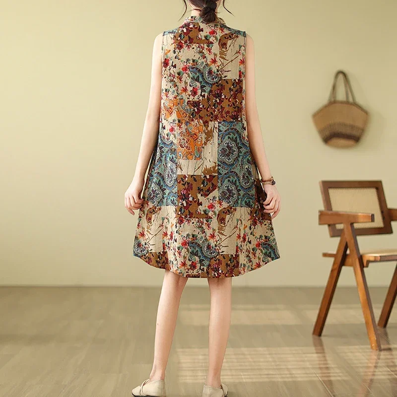 

Flower cheongsam female summer new fashion literary retro ethnic wind chic and elegant mid-length casual cotton linen dresses