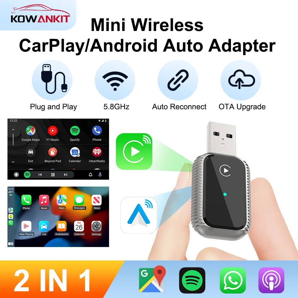 

Беспроводной адаптер CarPlay 2026 2-в-1 для Android Auto, донгл Plug & Play, умный мини-бокс AI KowanKit для автомобиля с Bluetooth