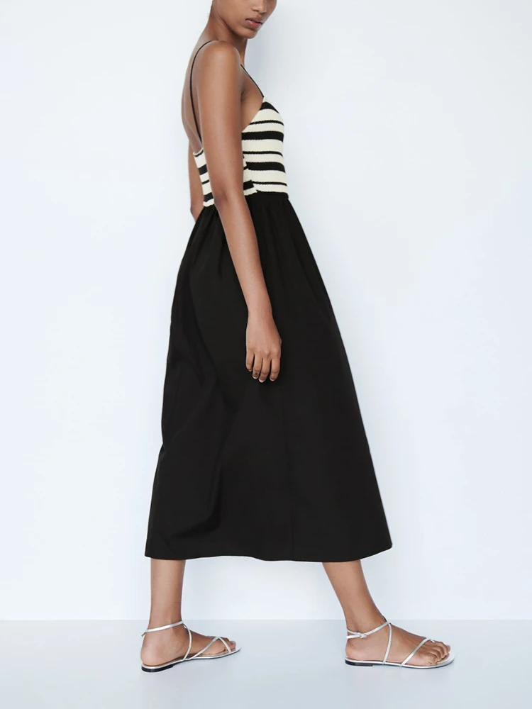 TRAFZA Women Knit Splicing Spaghetti Strap Long Sleeveless Striped Holiday Style Slim Dress Elegant Casual Simple Beach Robe