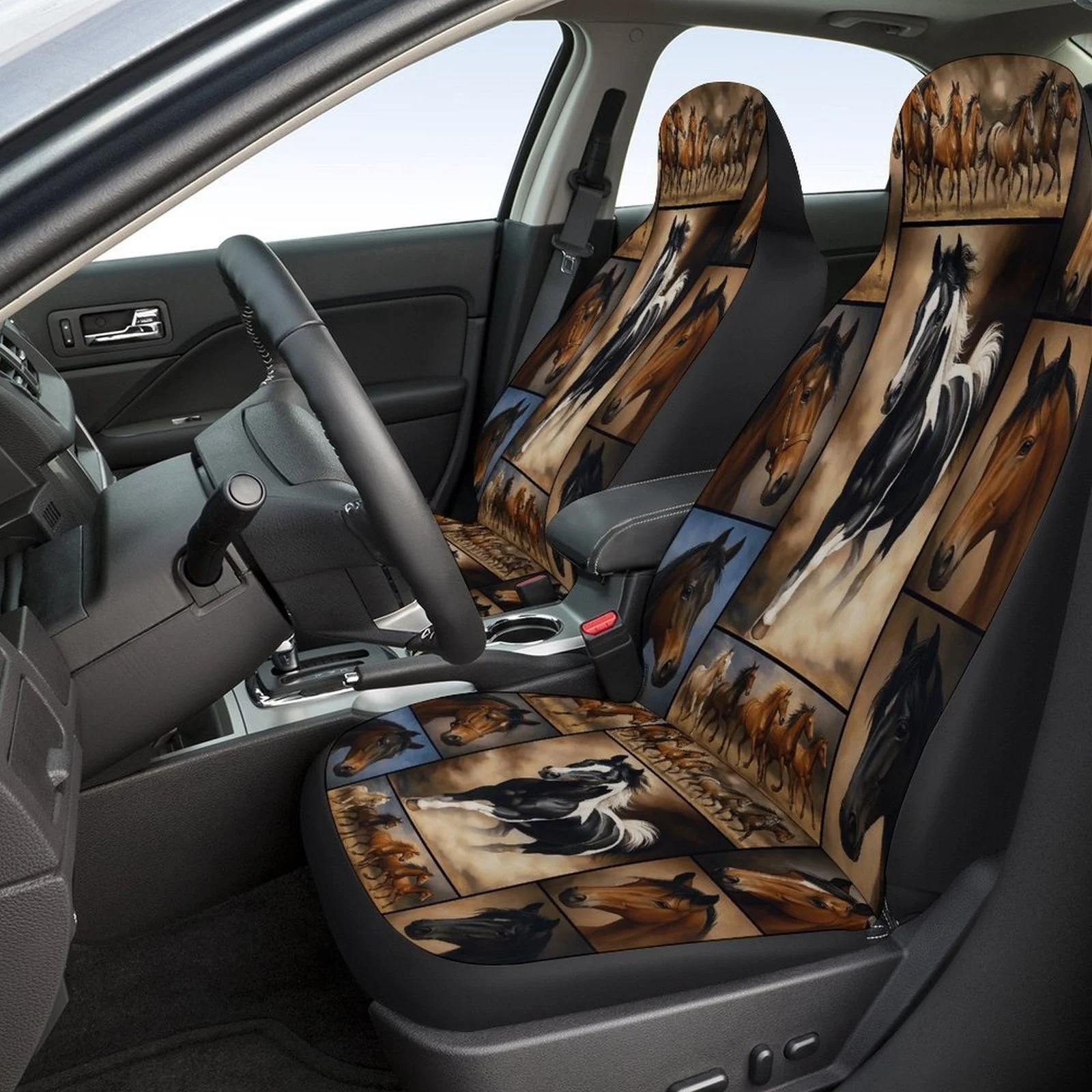 Horse Gallop Art Designed Seat Covers Set For Most Cars, Trendy Novelty Decorative Seat Protector Covers Full Set, Seat Cove