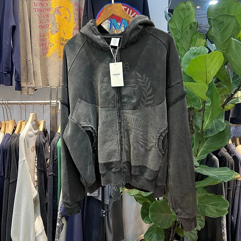 

Retro American Waed Hoodie Zipper Jaet Men's Casual Trendy Sweatirt Cotton Loose Fit Long Sve Winter Coat