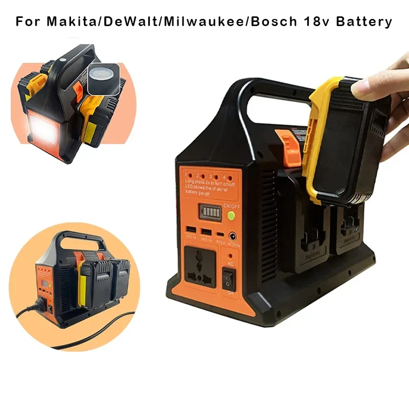 300W Lithium Inverter For Makita/DeWalt/Milwaukee/Bosch 18v Battery To AC 110V/220V USB Tpye-C Power Bank Converter with Light