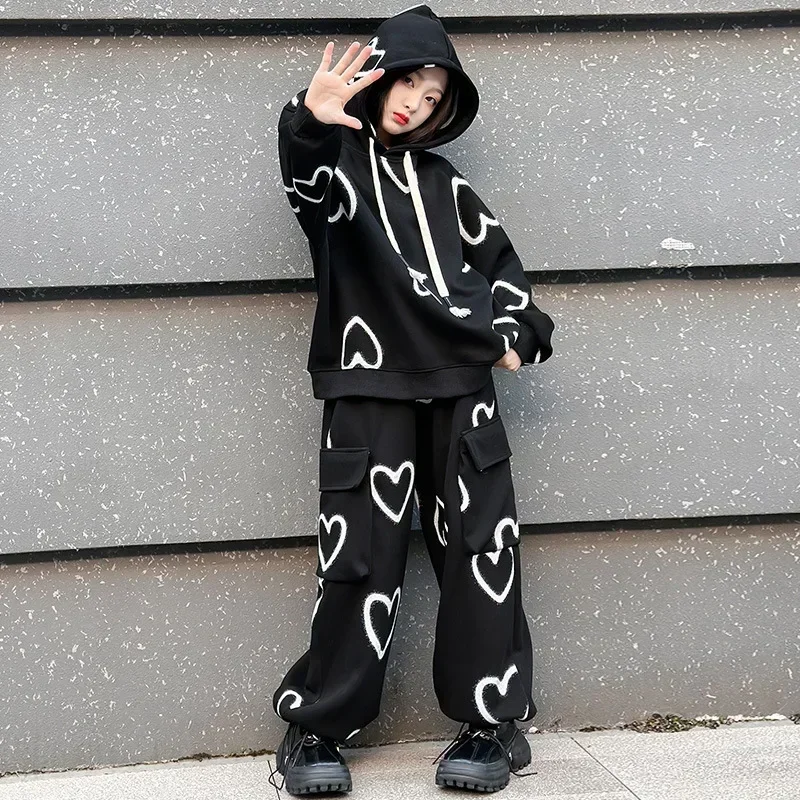 Girls Spring and Autumn Sets 2024 New Korean Children Printed Loose Hoodie Casual Work Long Pants Two Piece Set