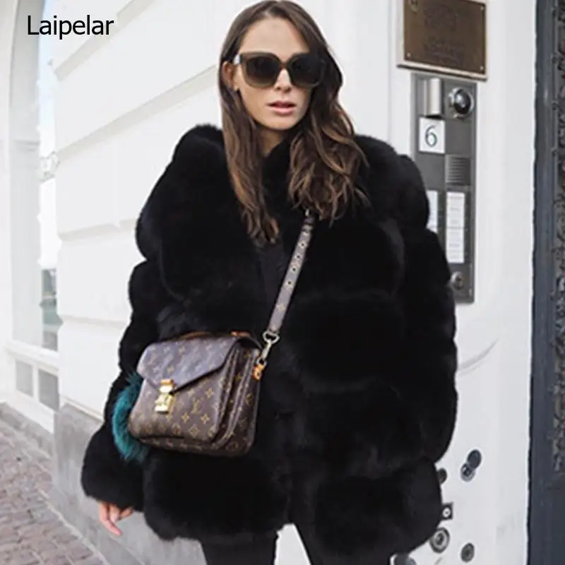 2023 Women Winer Faux Fur Coats Fashion Thick Warm Lapel Collar Long Sleeve Chic Faux Fur Outwear Wool Blend