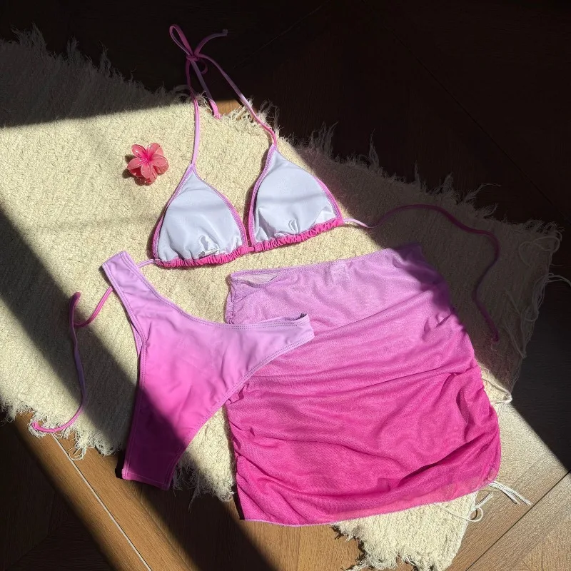 Damski 3-częściowy strój kąpielowy, bikini z kwiatami 3D, wiązany na szyi, z wysokim wycięciem, marszczony zestaw bikini z spódniczką.