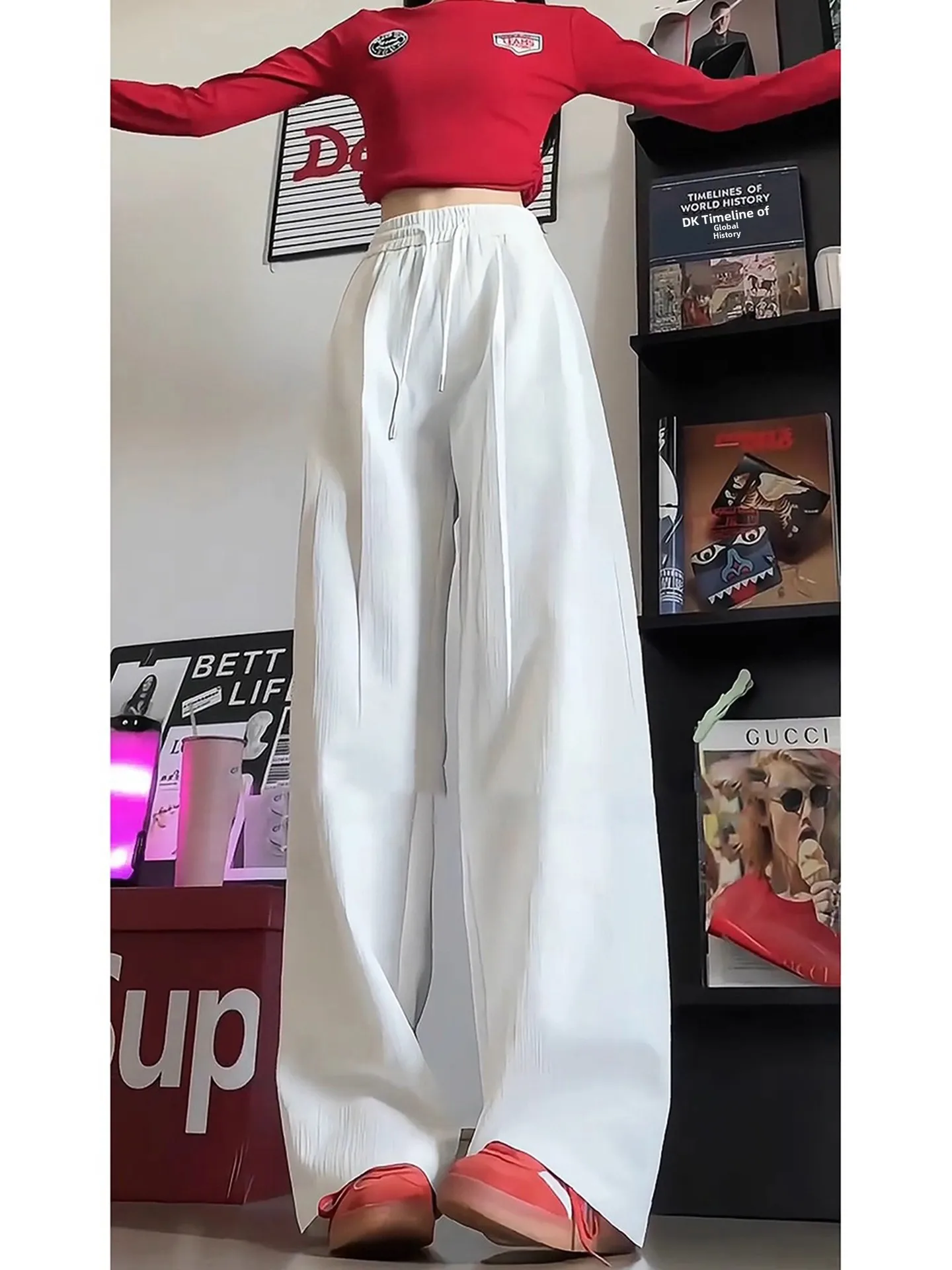 

White Textured Micro Flared Wide Leg Pants Straight Cut Casual Trousers for Men And Women Pure Color Large Size Comfortable L...