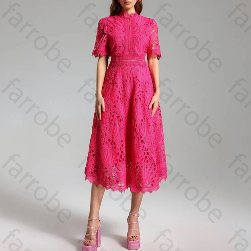 

Lace Embroidered Hollow Out Evening Dresses O-Neck Short Sleeve High Waist A-Line Dress Exquisite Prom Party Gowns Customized