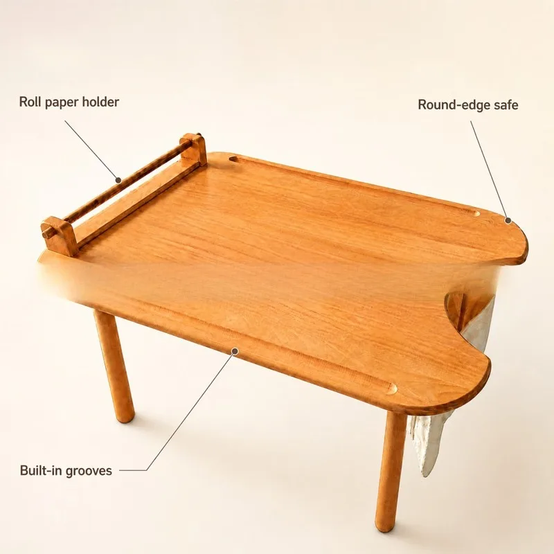 Household with roll paper rack, small desk, solid wood multi-functional portable small table, bedside learning and painting