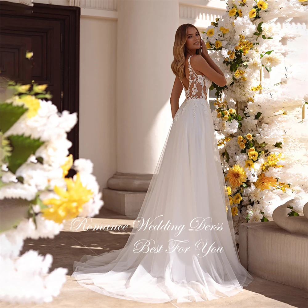

Elegant V-Neck Pleat Lace A-Line Wedding Dress Sleeveless Spaghetti Strpas Open Back Beading Tulle Vestidos De Novia Customized