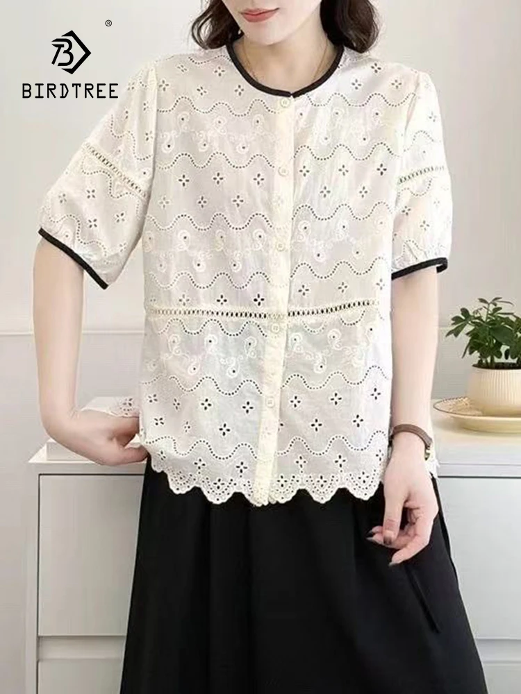 

New 2025 Summer Cotton Short Sleeve Shirt, Women O Neck Embroidery Hollow Out, Mori Girl French Retro Chic Loose Blouse T57122CC