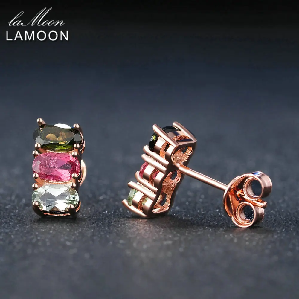 LAMOON Classic 100% Natural Multi-Color Oval Tourmaline 925 Sterling Silver Jewelry Rose Gold Plated S925 stud Earrings LMEI035