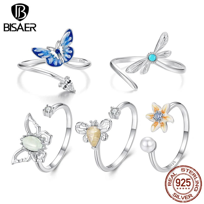 

BISAER 925 Sterling Silver Flower Butterfly Ring Dragonfly Bee Adjustable Band Plated White Gold for Women Party Fine Jewelry