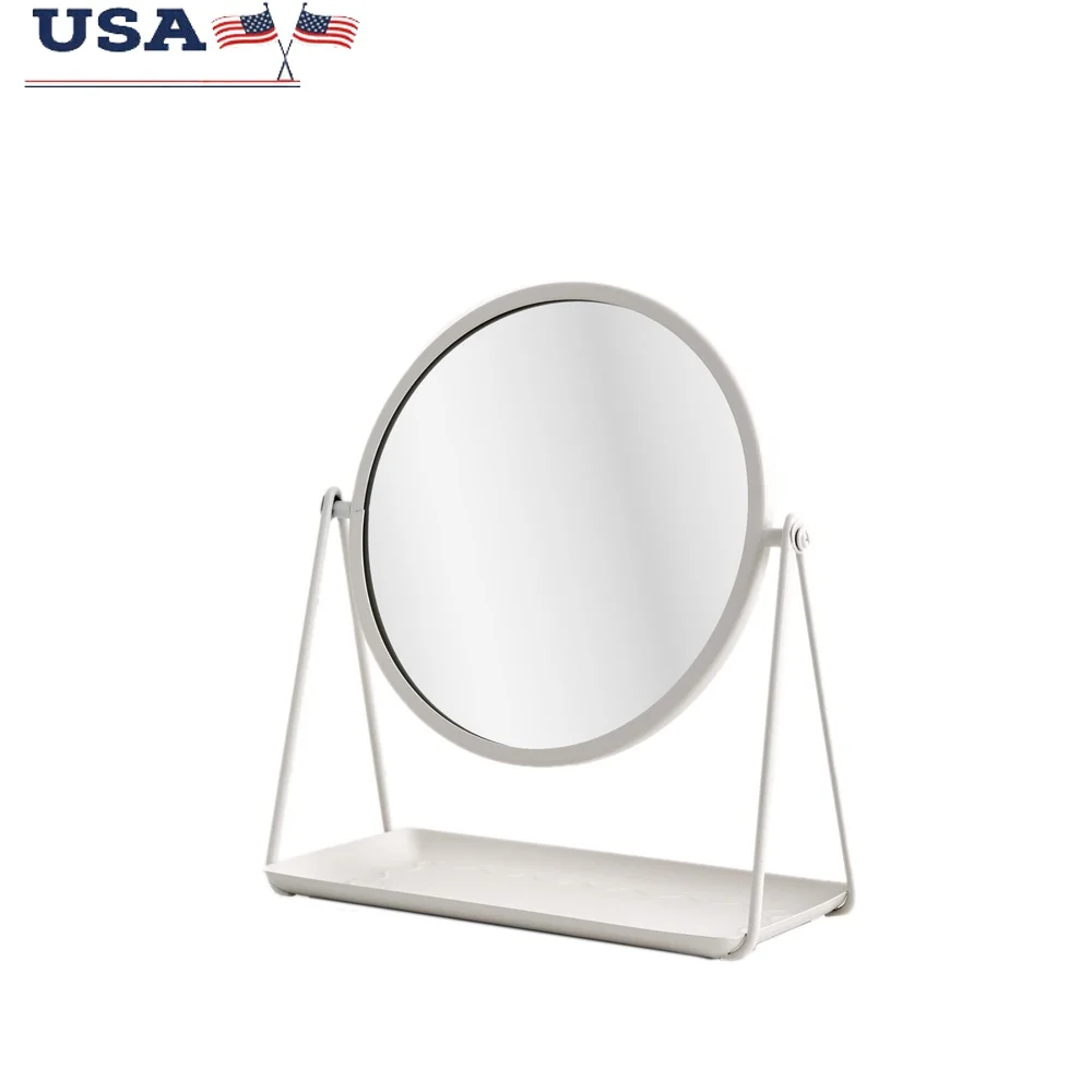 

Round Tabletop Makeup Mirror with Metal Tray 360 Degree Rotation Modern Elegant Design Vanity Dresser Desk Storage