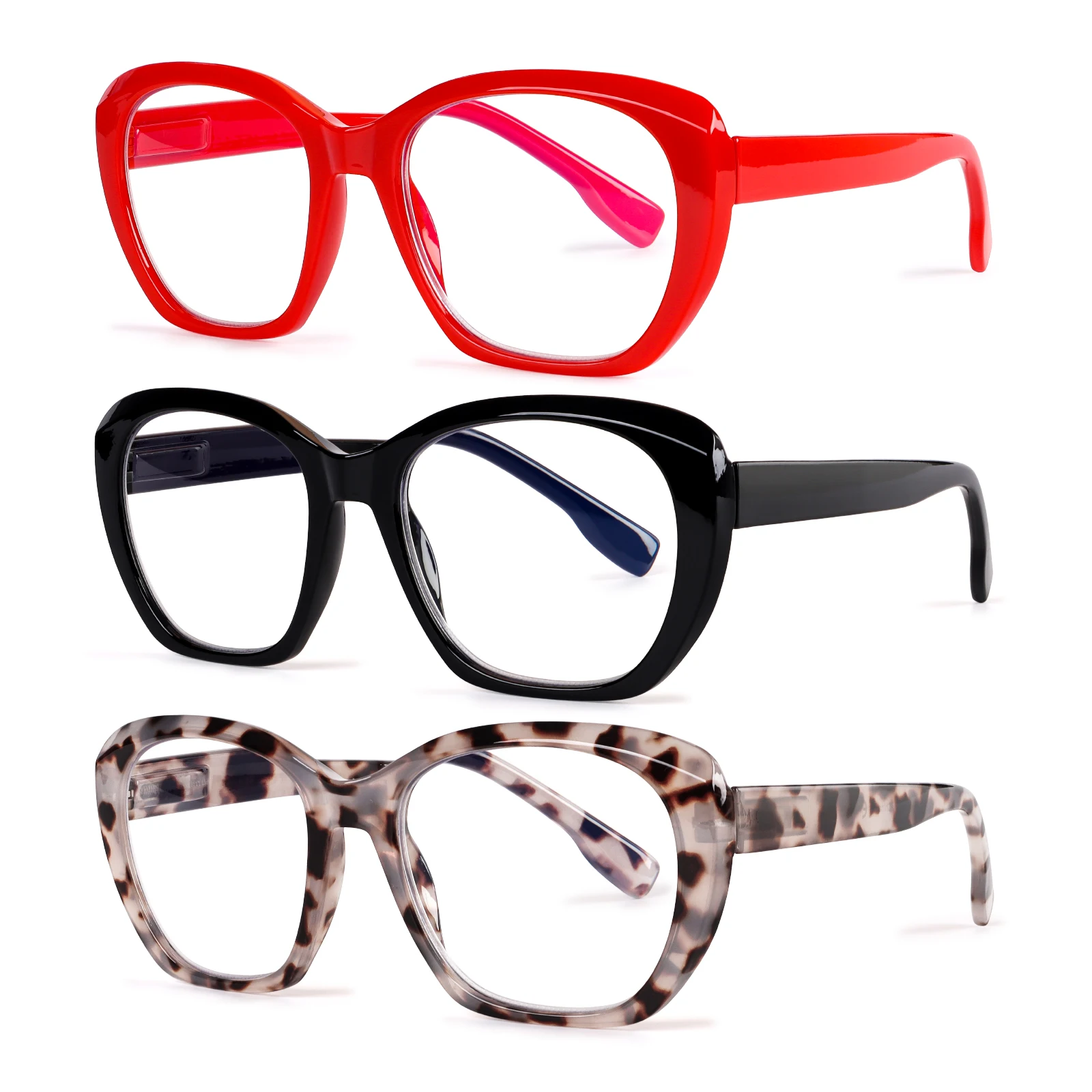 3 Pack Women Oversized Cat Eye Anti Blue Light Glasses Spring Hinge Square Computer Eyewear Decor Optical Frame