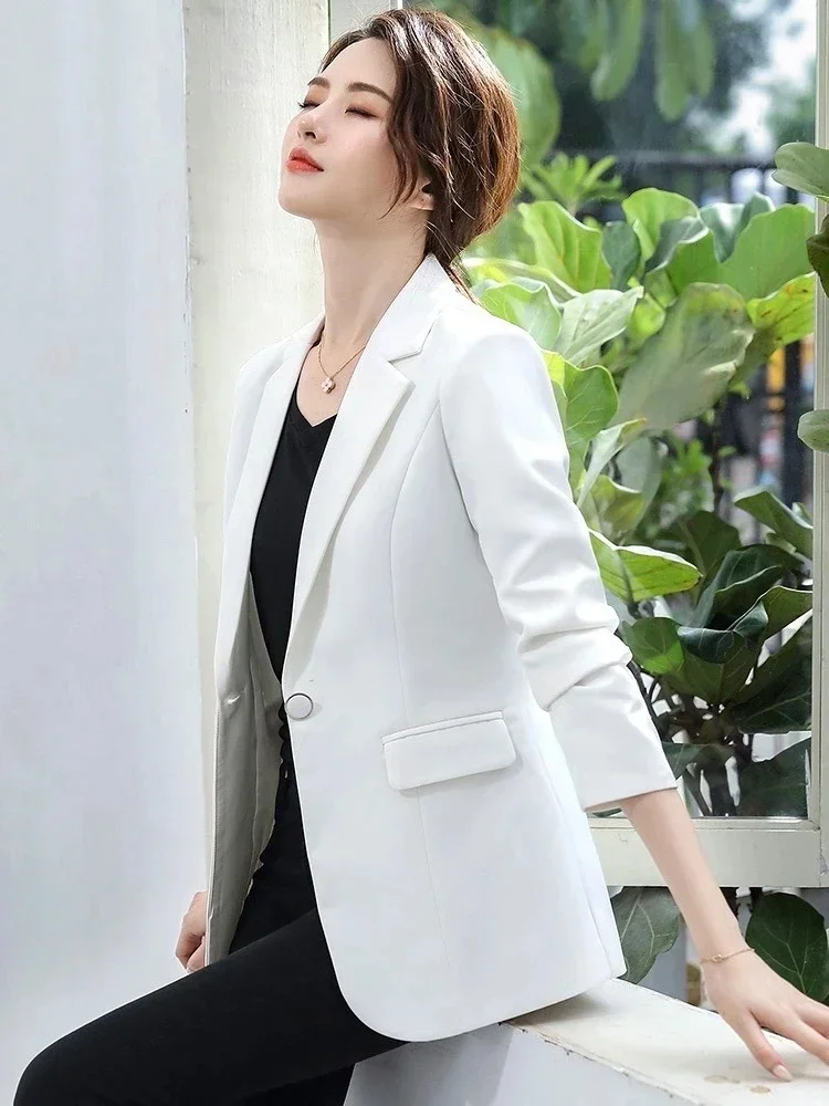 Pop Pop ผู้หญิง Blazer เกาหลี Casual Slim Blazers แจ็คเก็ตทํางานเสื้อแจ็คเก็ตแฟชั่นฤดูใบไม้ผลิฤดูใบไม้ร่วงอาชีพหญิงเสื้อสํานักงาน Lad