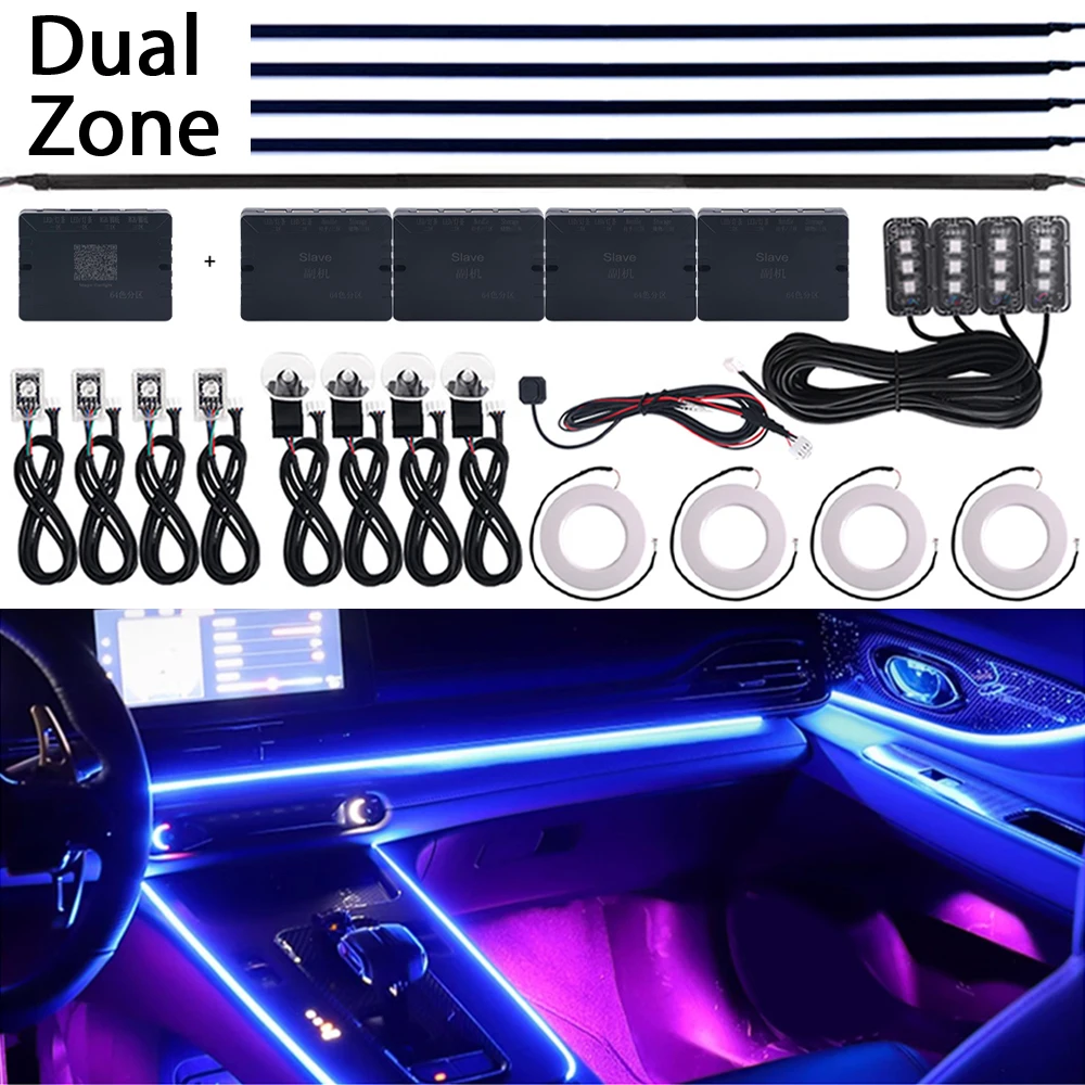 18 w 1 22 w 1 Podwójna strefa samochodowa LED Światła otoczenia RGB 64 kolory Neonowe wnętrze Akrylowe paski Dekoracja Atmosfera Oświetlenie za pomocą aplikacji