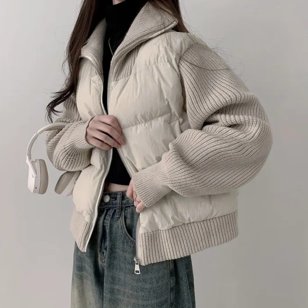 

Шикарный вязаный свитер-пальто из хлопка с пэчворком и воротником-стойкой, утепленный, для женщин, зимняя новинка