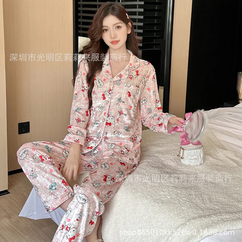 Sanrio Girl Sexy Golden Velvet Flip Collar Pajama Set Kawaii Hello Kitty Comic Autumn and Winter Fashion Cardigan Leisure Wear