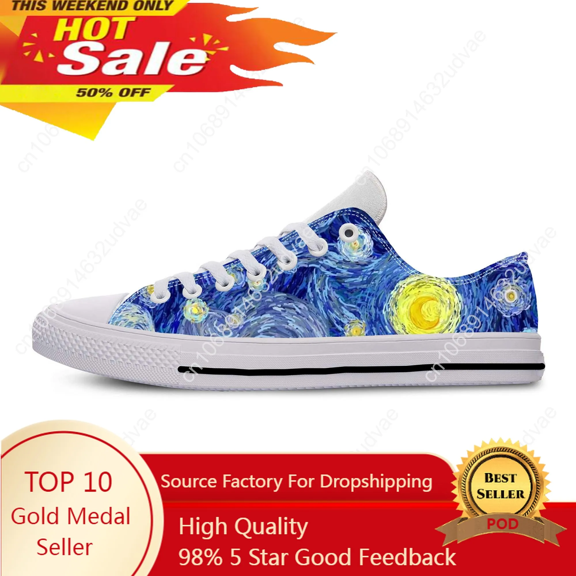 Vincent Van Gogh Starry Night Oil Painting Fashion Casual Cloth Shoes Low Top Comfortable Breathable 3D Print Men Women Sneakers