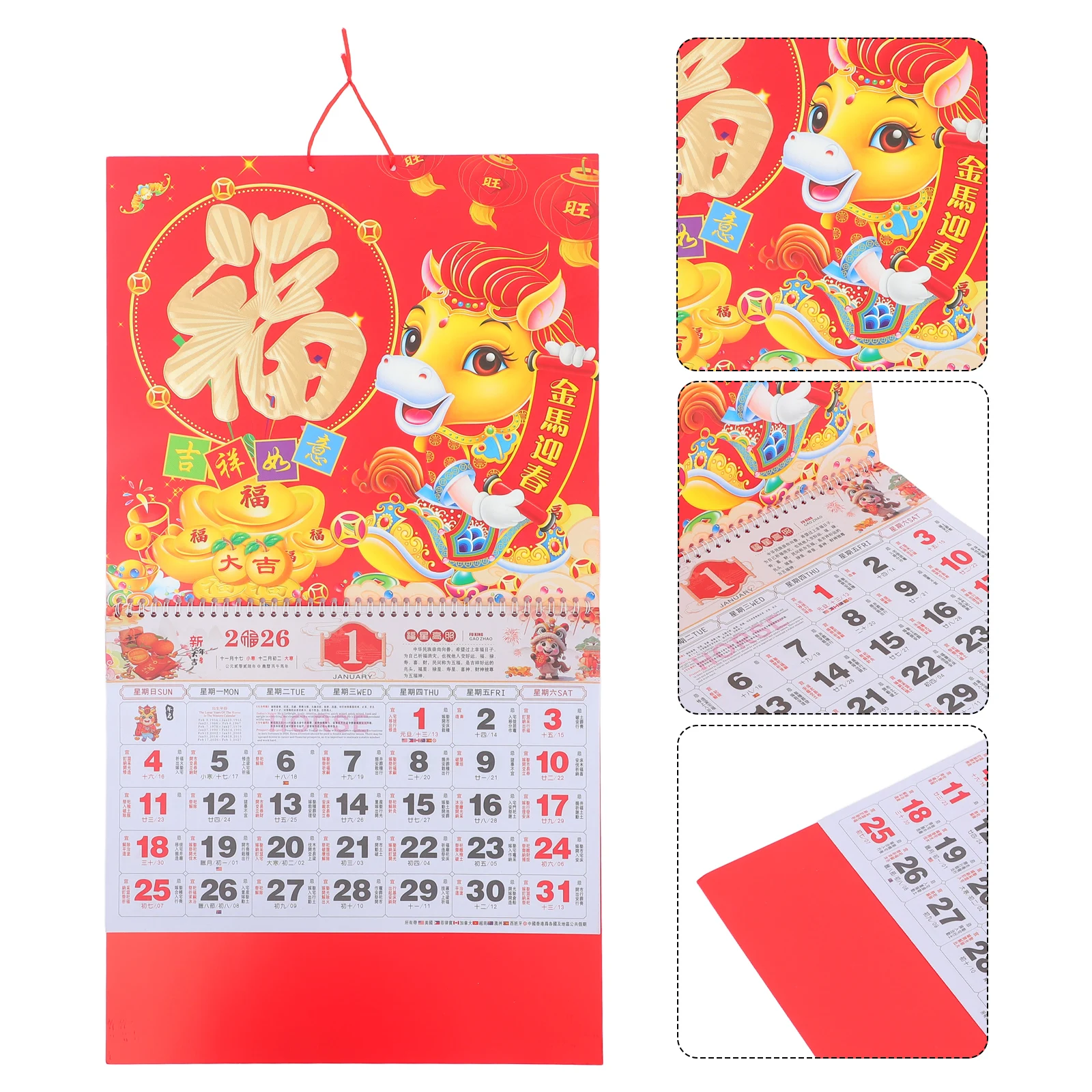 

2026 Hanging Calendar: Year Of The Horse Traditional Chinese Lunar Wall Planner With Multi-Country Holidays For Home Office