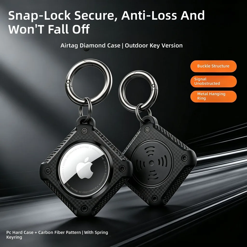 Compatible with Apple AirTag 1 / 2 Case, Carbon Fibre Texture Protective Cover with Metal Keyring, Anti Lost Key Holder