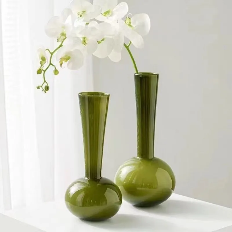 French Style Light Luxury Glass Vase Olive Green Handmade Vase Artistic Flower Planter Living Room Desk Decor Home Decoration