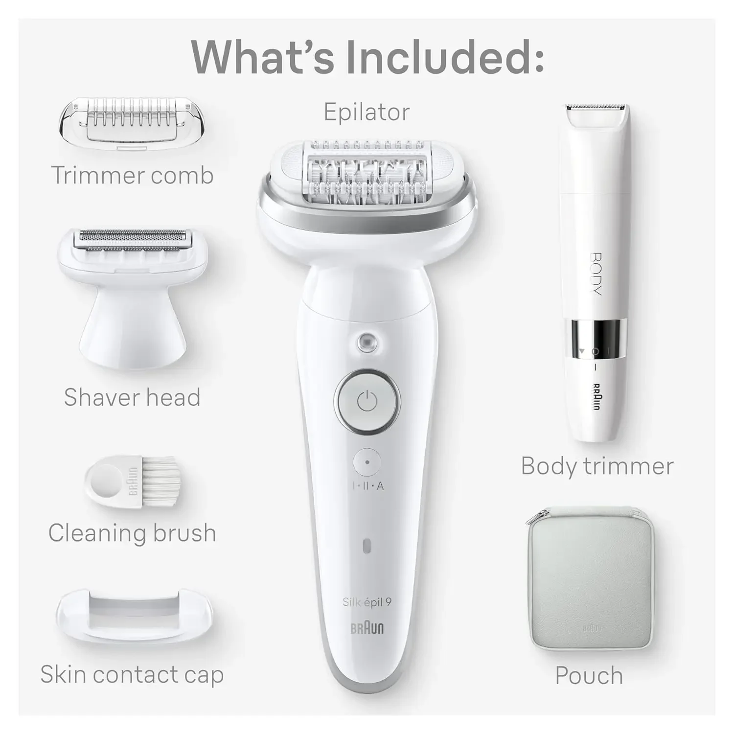 Silk-épil 9 Epilator, Pivoting Head, Wet and Dry, Holiday Gifts for Women and Men Includes Body Trimmer, Shaver Head and Trimmer