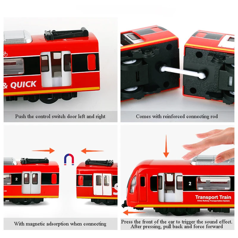 Tren de aleación de simulación grande para niños, modelo de tren de ciudad, Metal fundido a presión, sonido y luz del metro, coche extraíble,