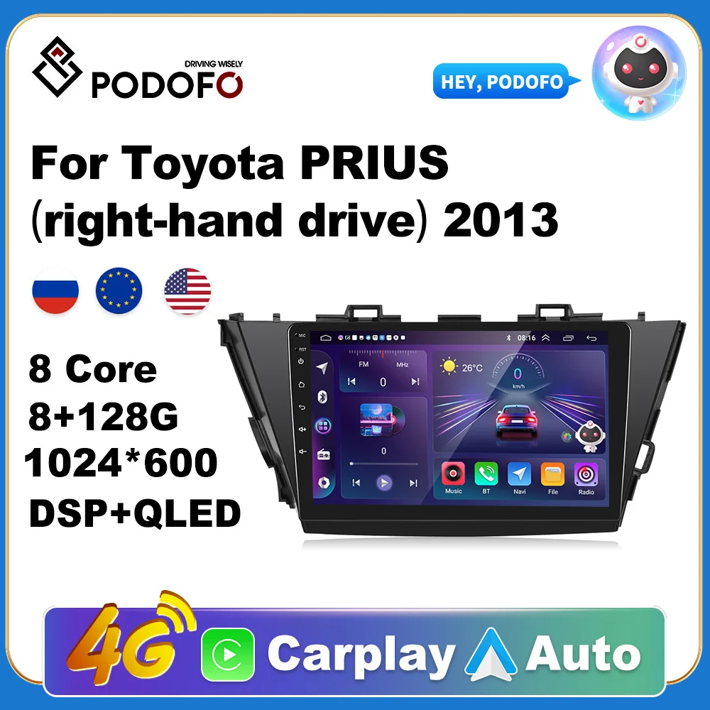 Podofo Wireless CarPlay Andorid Auto Car Radio For Toyota PRIUS 2013 right-hand drive AI Voice Multimedia GPS 2din autoradio