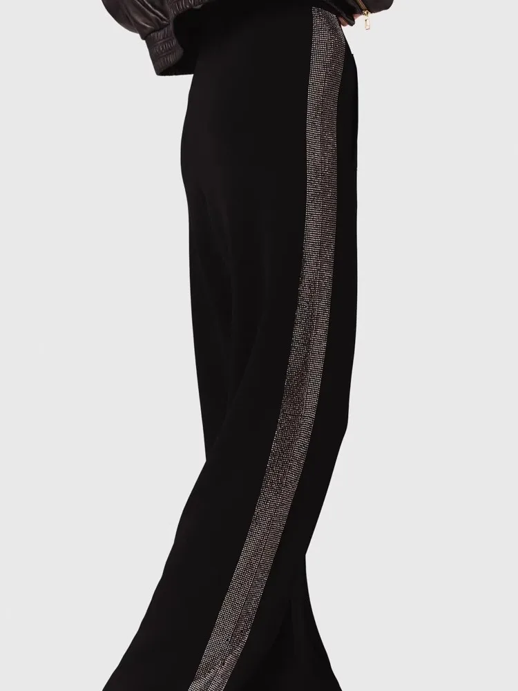 

Women Black Straight Long Pants Side Diamond Decor Loose Drawstring Elastic Waist Casual Trousers 2025 Fall