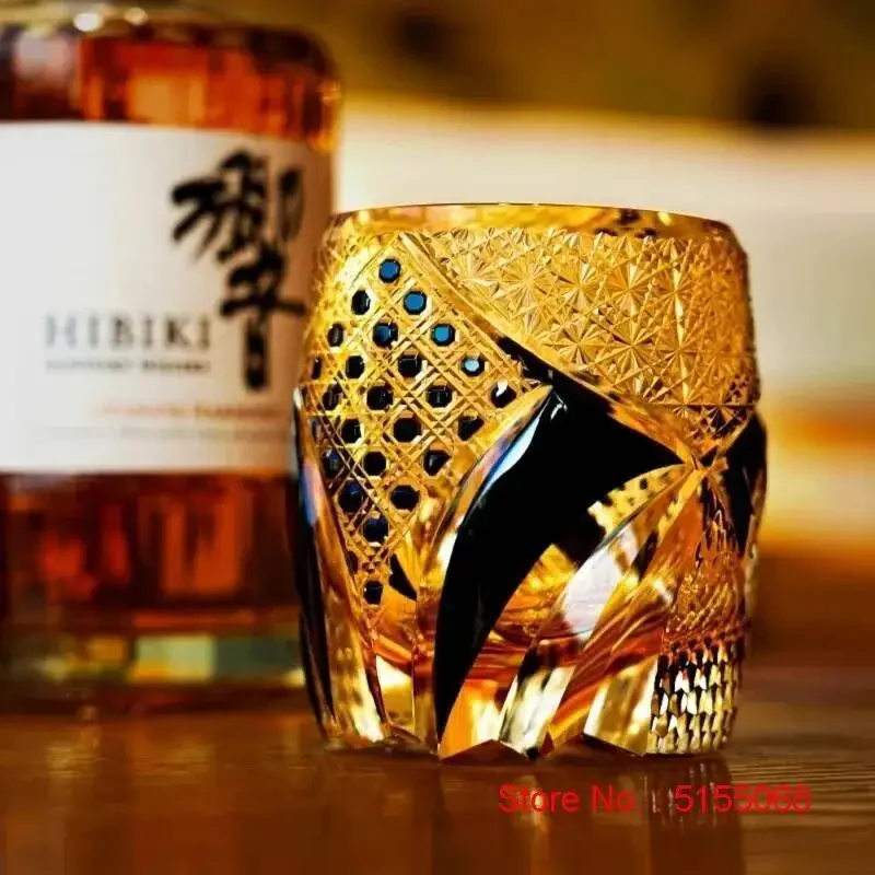 Japan Black Warrior Armor Edo Kiriko Whiskey Glass Hand Engraved Amber Crystal Brandy XO Rock Wine Snifter Whisky Cup for Gift
