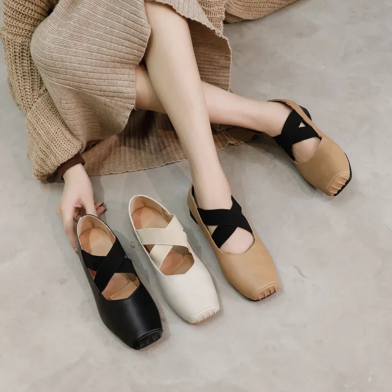 

2024 Leather Vintage Granny Women's Head Light Mouth Thick Heel Single Ballet Cross Strap Mary Jane Shoes