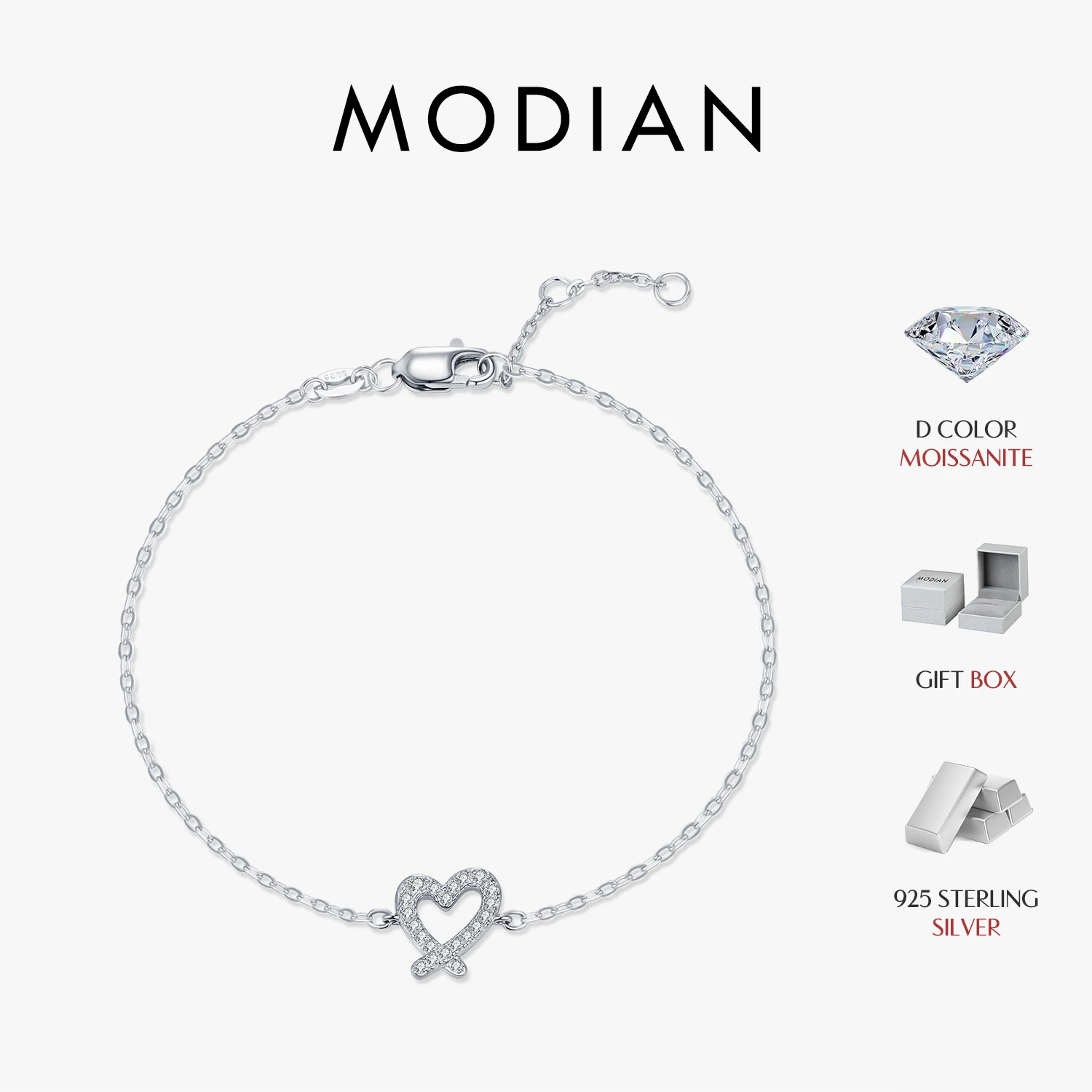 

MODIAN D Color Moissanite 925 Sterling Silver Sweet Romantic Irregular Heart Link Chain Bracelet For Women Fine Jewelry