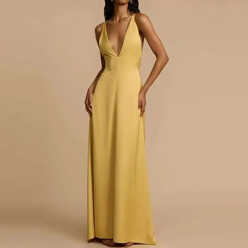 Casual Summer Slim Fit Holiday Sexy Ladies Deep V Backless Satin Simple Solid Color High Waist Party Long Dress New