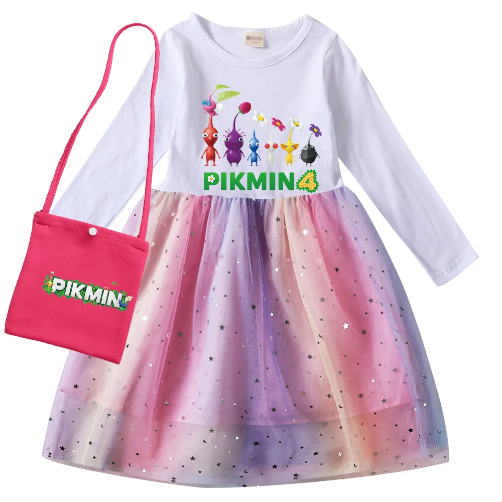 Video Game PIKMIN 4 Dress Kids Cartoon Clothes Baby Girls Long Sleeve Evening Dresses & Bag Children's Wedding Party Vestidos